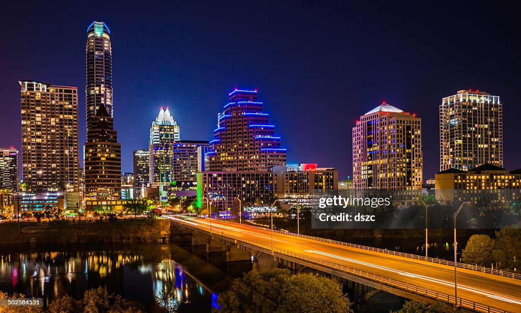 Austin Texas evening excitement cityscape, skyline, skyscrapers, Congress Avenue Bridge