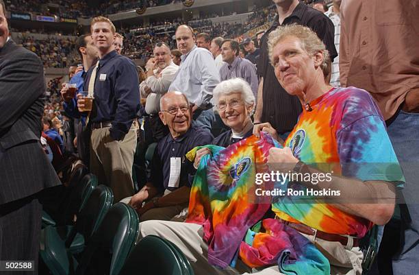 Broadcaster Bill Walton sits with David Letterman's mother before game four of the Eastern Conference Quarterfinals during the 2002 NBA Playoffs...