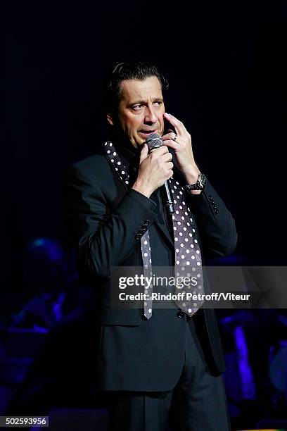 Laurent Gerra imitates Gibert Becaud during Laurent Gerra One Man Show at L'Olympia on December 19, 2015 in Paris, France.