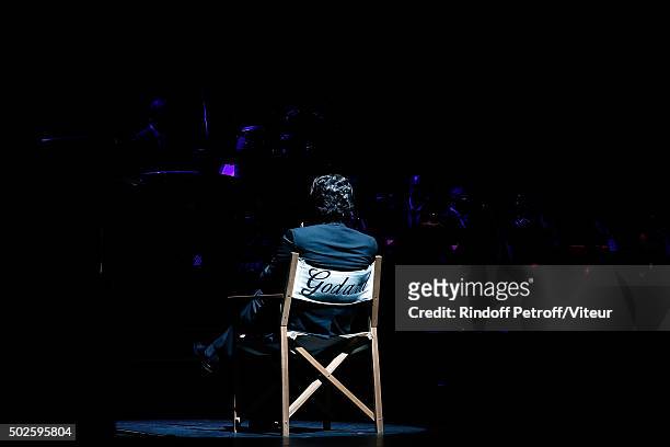 Laurent Gerra imitates Jean-Luc Godard during Laurent Gerra One Man Show at L'Olympia on December 19, 2015 in Paris, France.