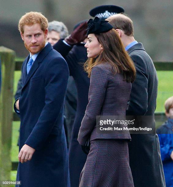 Prince Harry, Catherine, Duchess of Cambridge and Prince William, Duke of Cambridge depart after attending the Sunday service at St Mary Magdalene...