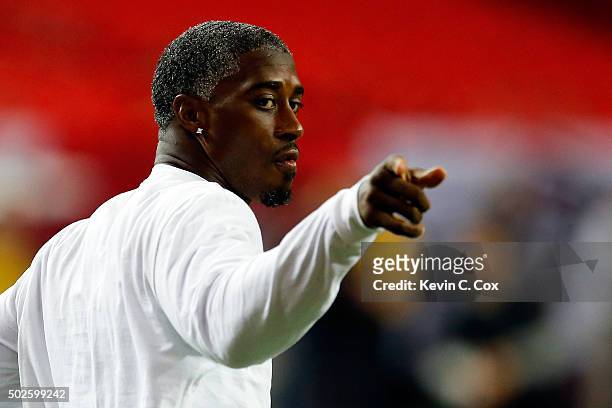 Roman Harper of the Carolina Panthers on the field during warm ups prior to the game against the Atlanta Falcons at the Georgia Dome on December 27,...