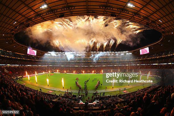 General view as Harlequins walk out during the Aviva Premiership "Big Game 8" match between Harlequins and Gloucester at Twickenham Stadium on...