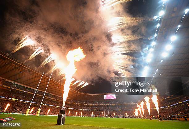 General view as fireworks and flame throwers go off during the Aviva Premiership "Big Game 8" match between Harlequins and Gloucester at Twickenham...