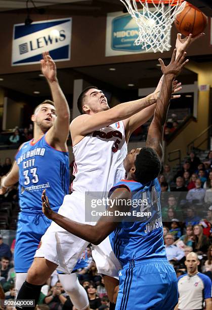 Byron Mullens from the Sioux Falls Skyforce drives to the basket against the Oklahoma City Blue at the Sanford Pentagon December 25, 2015 in Sioux...
