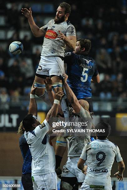 Agen's French flanker Remi Vaquin tries to grab the ball in a line out during the French Top 14 rugby Union match Montpellier vs Agen, on December 27...