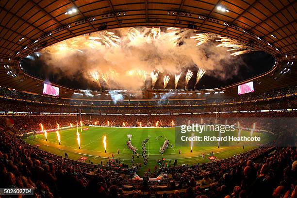 General view as Harlequins walk out during the Aviva Premiership 'Big Game 8' match between Harlequins and Gloucester at Twickenham Stadium on...
