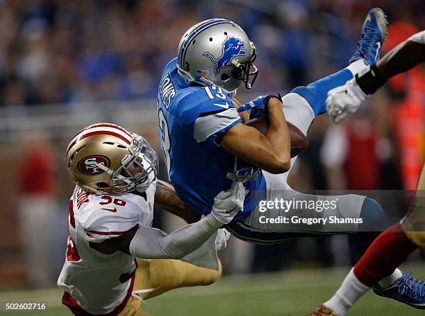 Jones of the Detroit Lions catches a second quarter touchdown over Dontae Johnson of the San Francisco 49ers at Ford Field on December 27, 2015 in...