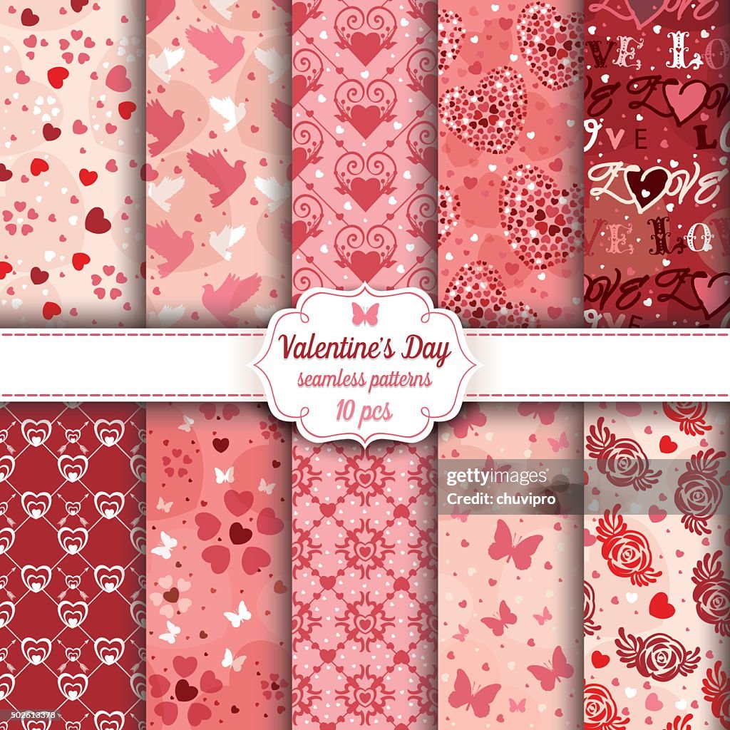 Valentine's Day set of ten seamless romantic patterns