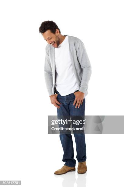 cheerful mature african man on white - man looking down stock pictures, royalty-free photos & images