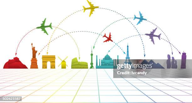 ilustraciones, imágenes clip art, dibujos animados e iconos de stock de viaje aéreo - monumentos del mundo