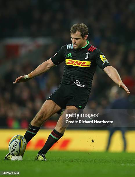 Nick Evans of Harlequins kicks at goal during the Aviva Premiership "Big Game 8" match between Harlequins and Gloucester at Twickenham Stadium on...