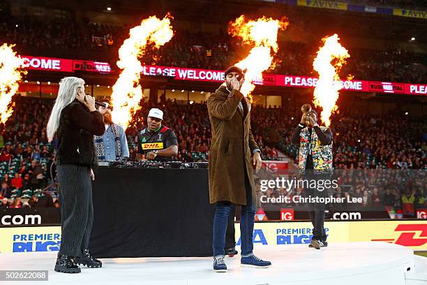 Rudimental perform prior to the Aviva Premiership "Big Game 8" match between Harlequins and Gloucester at Twickenham Stadium on December 27, 2015 in...