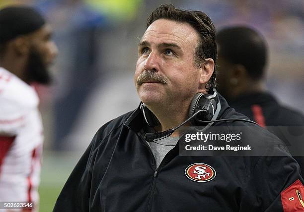 Head coach Jim Tomsula of the San Francisco 49ers looks on during the fist half of the game against the Detroit Lions during an NFL game at Ford...