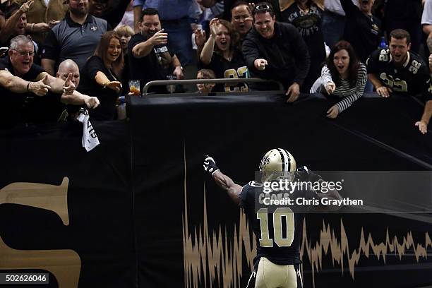 Brandin Cooks of the New Orleans Saints celebrates a touchdown against the Jacksonville Jaguars during the first quarter of a game at the...