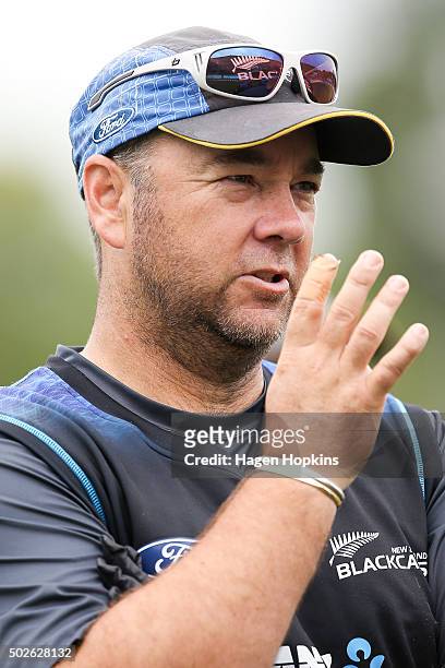 Batting coach Craig McMillan of New Zealand speaks to a teammate during the second One Day International game between New Zealand and Sri Lanka at...