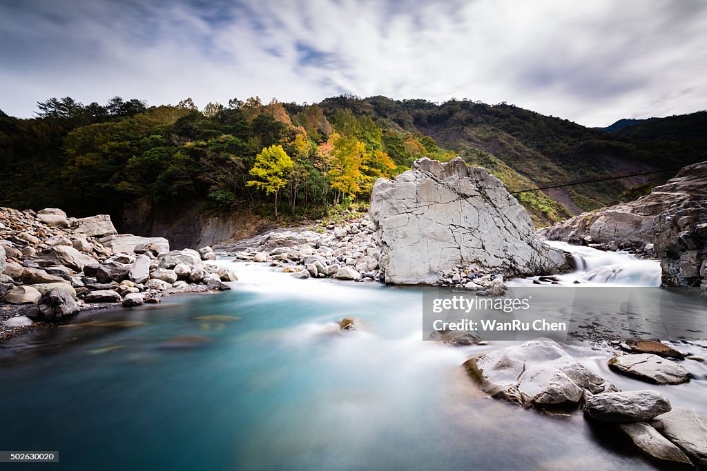 Rushing river in a mountain forest