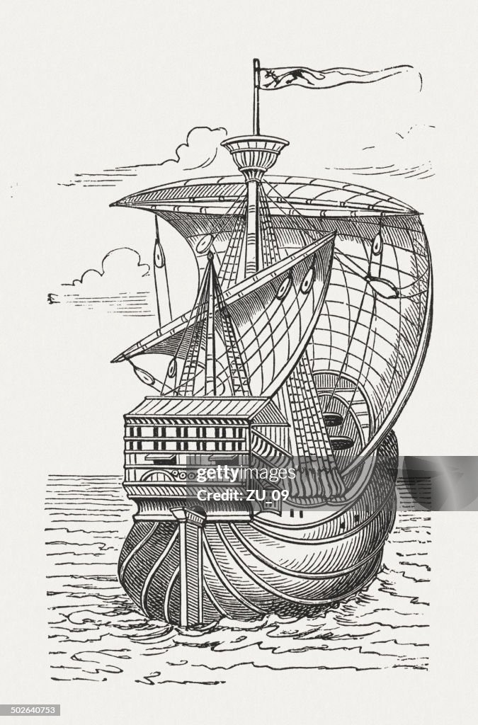 Santa Maria, flagship of Christopher Columbus, wood engraving, published 1880
