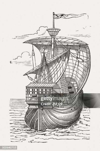 santa maria, flagship of christopher columbus, wood engraving, published 1880 - santa maria california stock illustrations