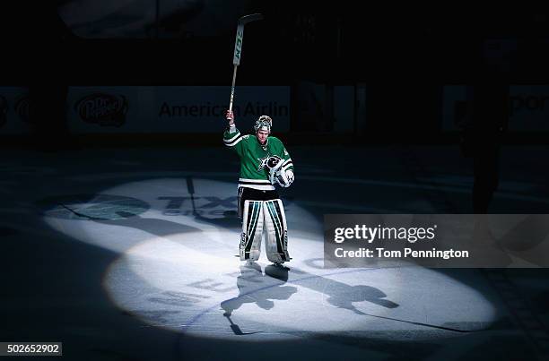 Kari Lehtonen of the Dallas Stars waves to fans after the Stars beat the St. Louis Blues 3-0 at American Airlines Center on December 27, 2015 in...