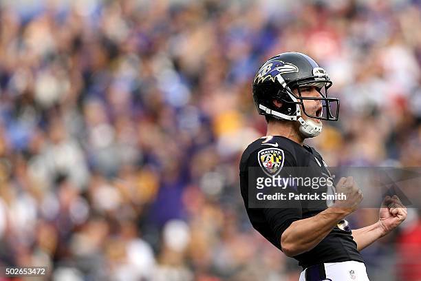 Kicker Justin Tucker of the Baltimore Ravens celebrates after kicking a 50-yard field goal in the second quarter against the Pittsburgh Steelers at...