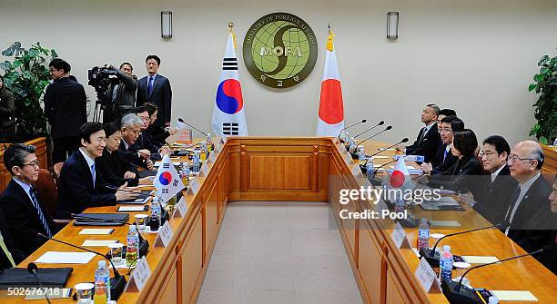 South Korean Foreign Minister Yun Byung-Se talks with Japanese Foreign Minister Fumio Kishida before their meeting at foreign ministry on December...