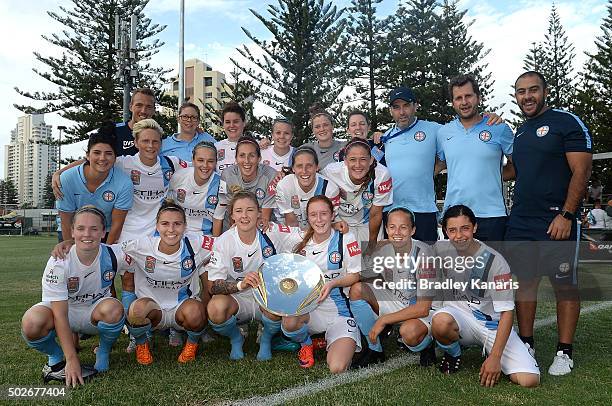 Melbourne City celebrate winning the W-League Premiership Plate during the round 11 W-League match between Brisbane Roar and Melbourne City FC at the...