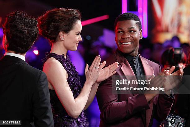 John Boyega and Daisy Ridley attend the premiere of 'Star Wars: The Force Awakens' on December 27, 2015 in Shanghai, China. PHOTOGRAPH BY Feature...