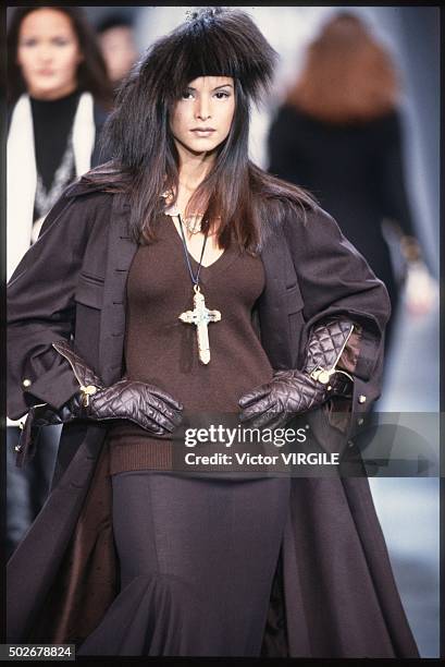 Model walks the runway during the Chanel Ready to Wear show as part of Paris Fashion Week Fall/Winter 1993-1994 in March, 1993 in Paris, France.