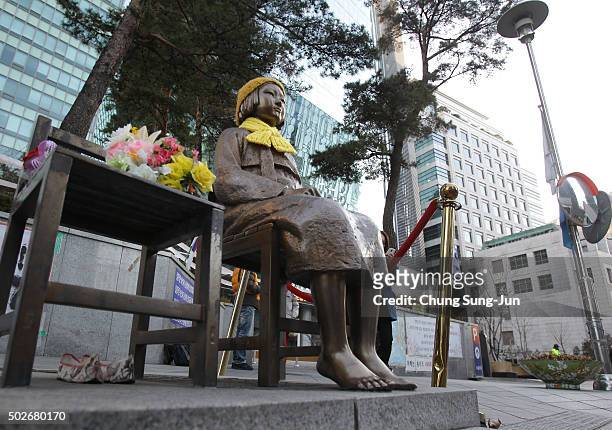 Statue of a girl symbolizing the issue of "comfort women" in front of the Japanese Embassy on December 28, 2015 in Seoul, South Korea. South Korean...