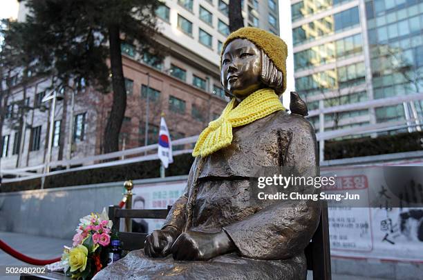 Statue of a girl symbolizing the issue of "comfort women" in front of the Japanese Embassy on December 28, 2015 in Seoul, South Korea. South Korean...