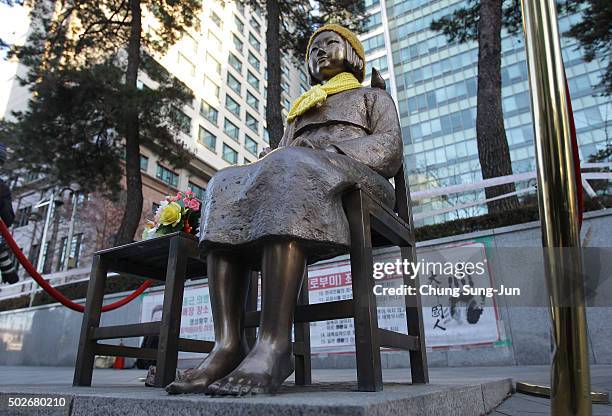 Statue of a girl symbolizing the issue of "comfort women" in front of the Japanese Embassy on December 28, 2015 in Seoul, South Korea. South Korean...