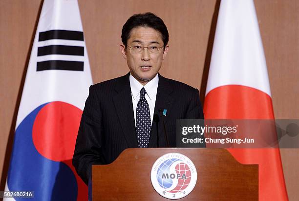 Japanese Foreign Minister Fumio Kishida attends the joint press conference with South Korean Foreign Minister Yun Byung-Se at foreign ministry on...