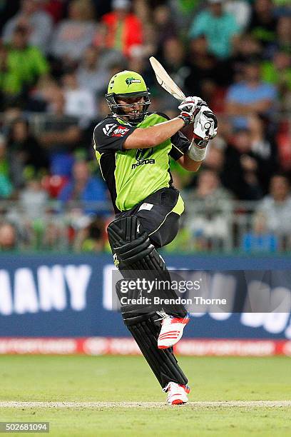 Jacques Kallis of the Thunder plays a pull shot during the Big Bash League match between the Sydney Thunder and Adelaide Strikers at Spotless Stadium...