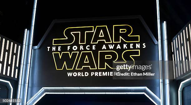 General view shows part of the entrance to the red carpet at the premiere of Walt Disney Pictures and Lucasfilm's "Star Wars: The Force Awakens" at...