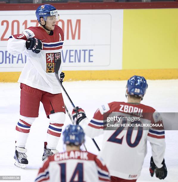 Czech David Pastrnak , Filip Chlapik and Jakub Zboril celebrate Pastrnak's opening 0-1 goal during the 2016 IIHF World Junior U20 Ice Hockey...