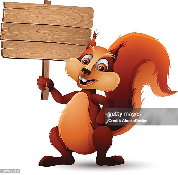 squirrel holding a wooden sign - squirrel stock illustrations