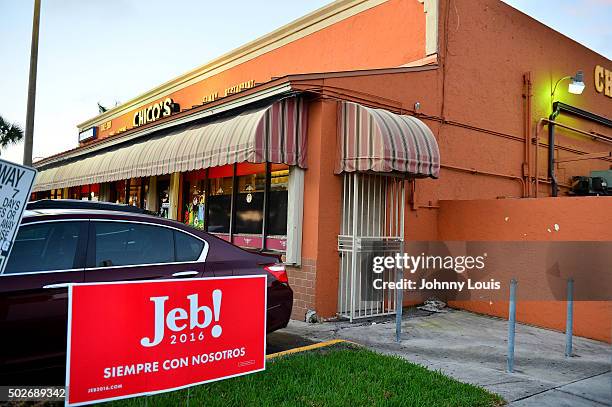 Exterior view during Republican presidential candidate and former Florida Governor Jeb Bush a meet and greet at Chico's Restaurant on December 28,...