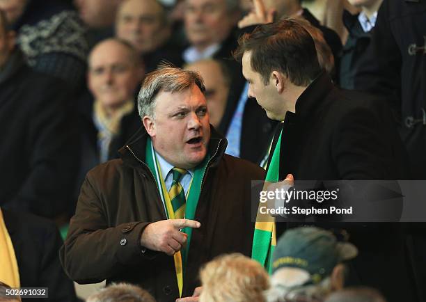 Norwich City new Chairman Ed Balls is seen on the stand prior to the Barclays Premier League match between Norwich City and Aston Villa at Carrow...