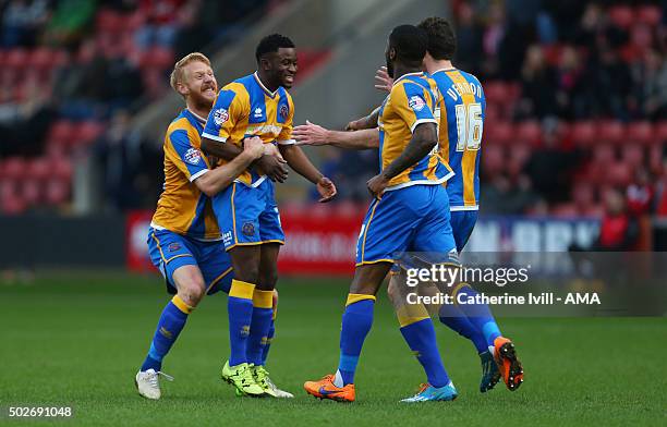 Larnell Cole of Shrewsbury Town celebrates after he scores a goal to make it 0-1 during the Sky Bet League One match between Crewe Alexandra and...