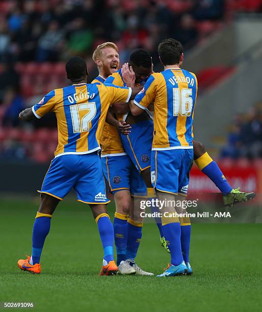 Larnell Cole of Shrewsbury Town celebrates after he scores a goal to make it 0-1 during the Sky Bet League One match between Crewe Alexandra and...