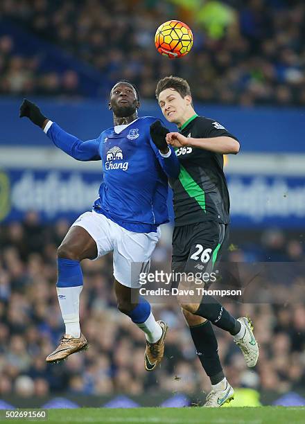Philipp Wollscheid of Stoke City and Romelu Lukaku of Everton compete for the ball during the Barclays Premier League match between Everton and Stoke...