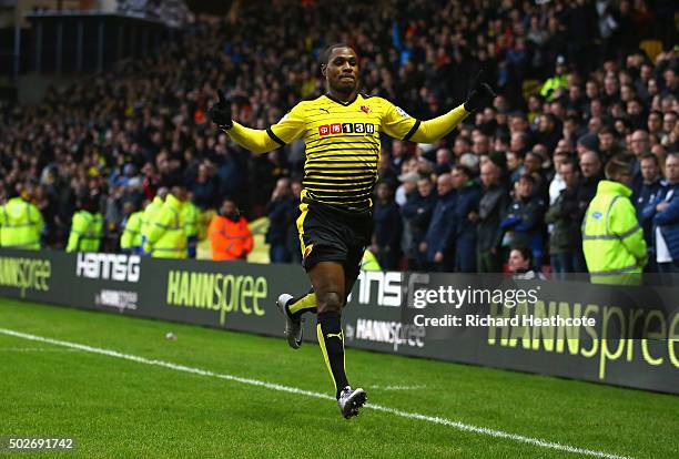 Odion Ighalo of Watford celebrates scoring his team's first goal during the Barclays Premier League match between Watford and Tottenham Hotspur at...