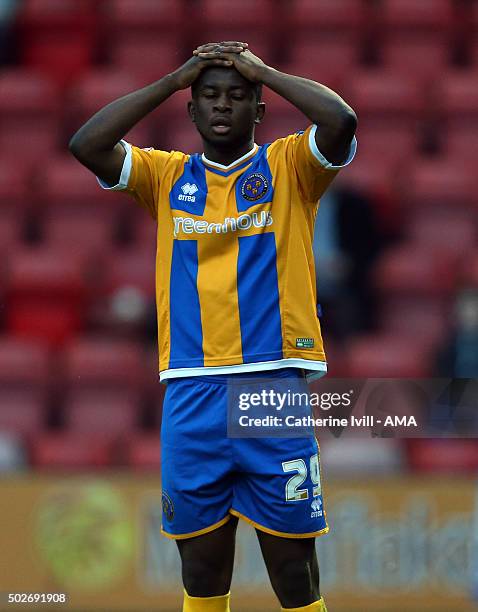 Larnell Cole of Shrewsbury Town reacts after missing a chance during the Sky Bet League One match between Crewe Alexandra and Shrewsbury Town at The...