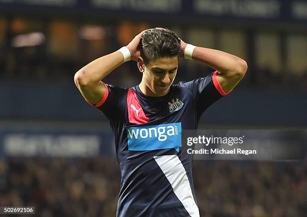Ayoze Perez of Newcastle United reacts during the Barclays Premier League match between West Bromwich Albion and Newcastle United at The Hawthorns on...