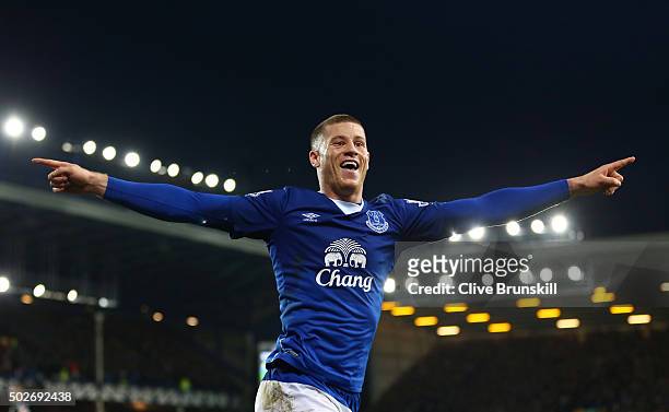 Ross Barkley of Everton celebrates assisting his team's third goal by Gerard Deulofeu during the Barclays Premier League match between Everton and...