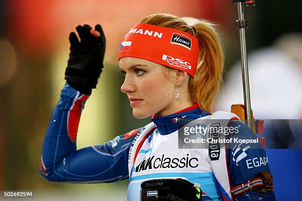 Gabriela Soukalova of Czech Republic is seen during the IKK classic Biathlon World Team Challenge 2015 at Veltins-Arena on December 28, 2015 in...
