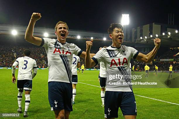 Son Heung-min of Tottenham Hotspur celebrates scoring his team's second goal with his team mate Harry Kane during the Barclays Premier League match...