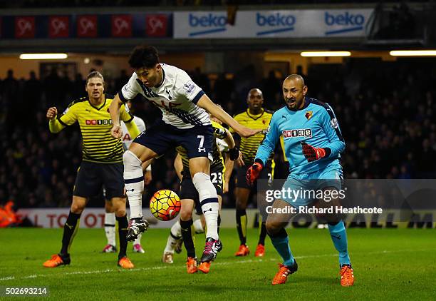 Son Heung-min of Tottenham Hotspur scores his team's second goal during the Barclays Premier League match between Watford and Tottenham Hotspur at...