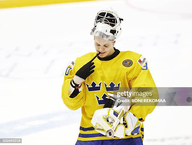 Sweden's goalie Linus Söderström is pictured after the match of the 2016 IIHF World Junior Ice Hockey Championship Sweden vs USA in Helsinki,...